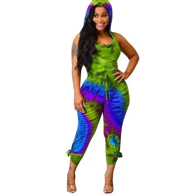 2XL Tie Dye Hoodie Summer Romper Sleeveless Backless Mid Calf Plus Size Women