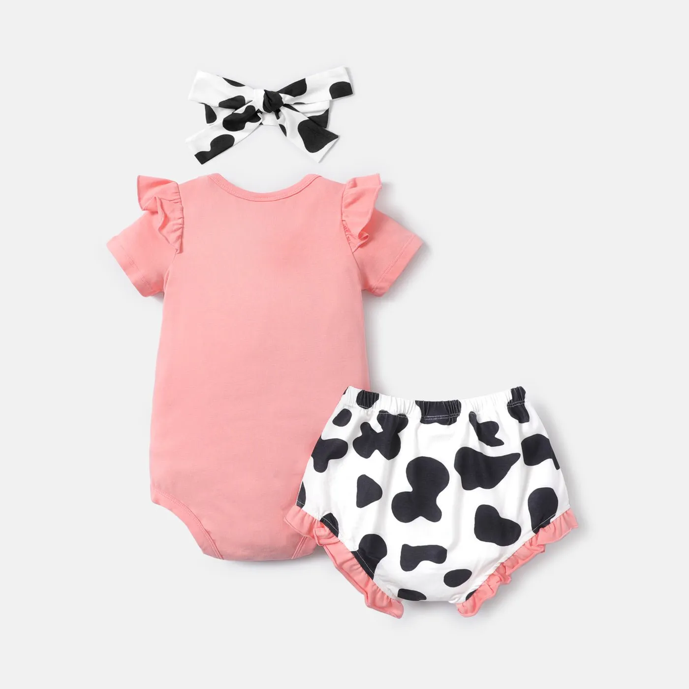 3pcs Baby Girl Cotton Short-sleeve Letter Graphic Romper and Cow Print Naia™ Shorts & Headband Set