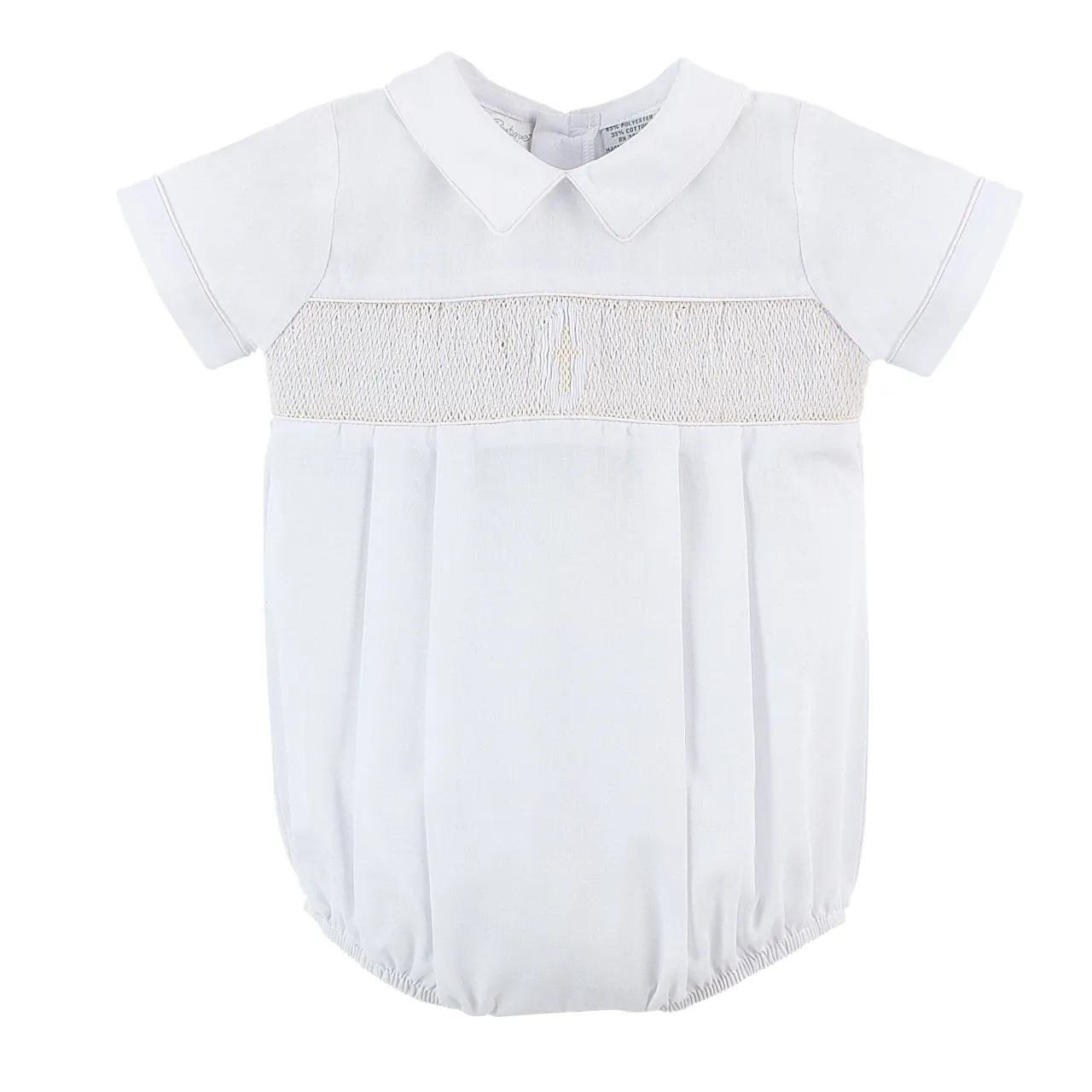 74112-Baby Boy Christening Hand Smocked Cross Romper with Bonnet