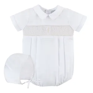 74112-Baby Boy Christening Hand Smocked Cross Romper with Bonnet