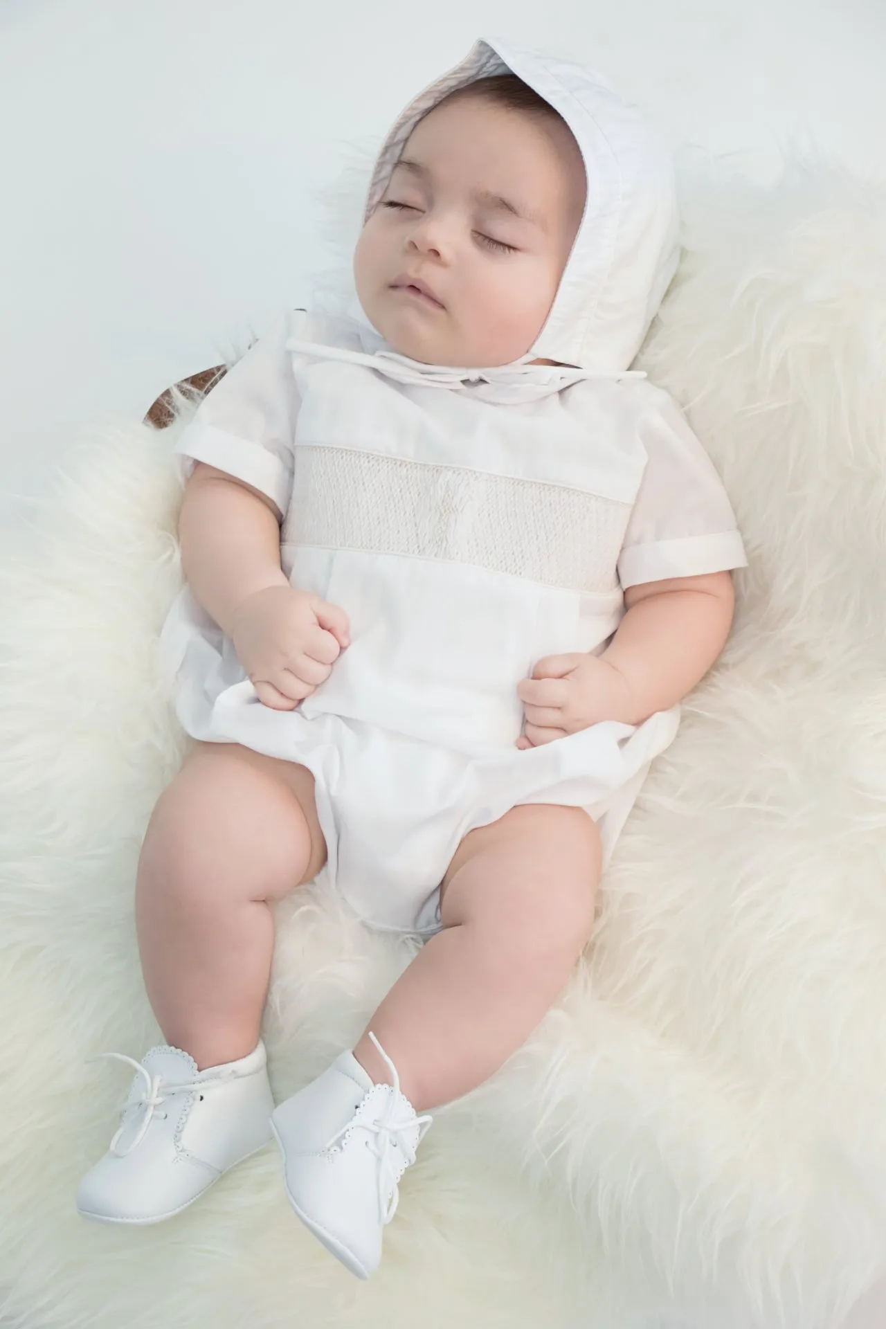 74112-Baby Boy Christening Hand Smocked Cross Romper with Bonnet