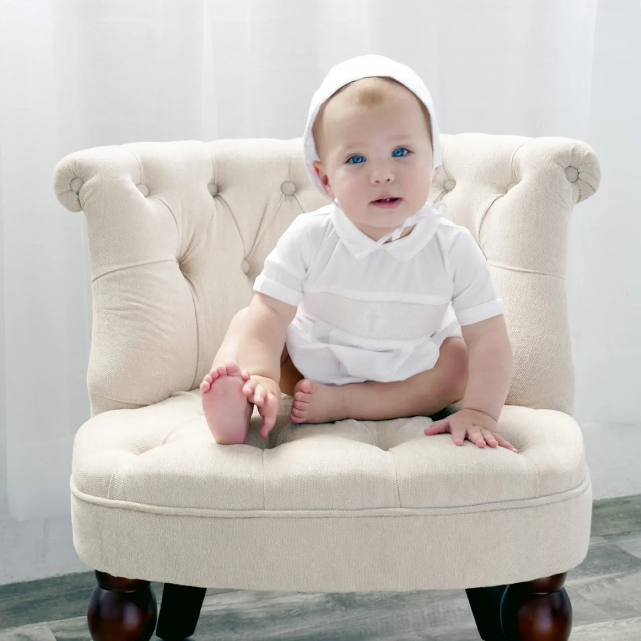74112-Baby Boy Christening Hand Smocked Cross Romper with Bonnet