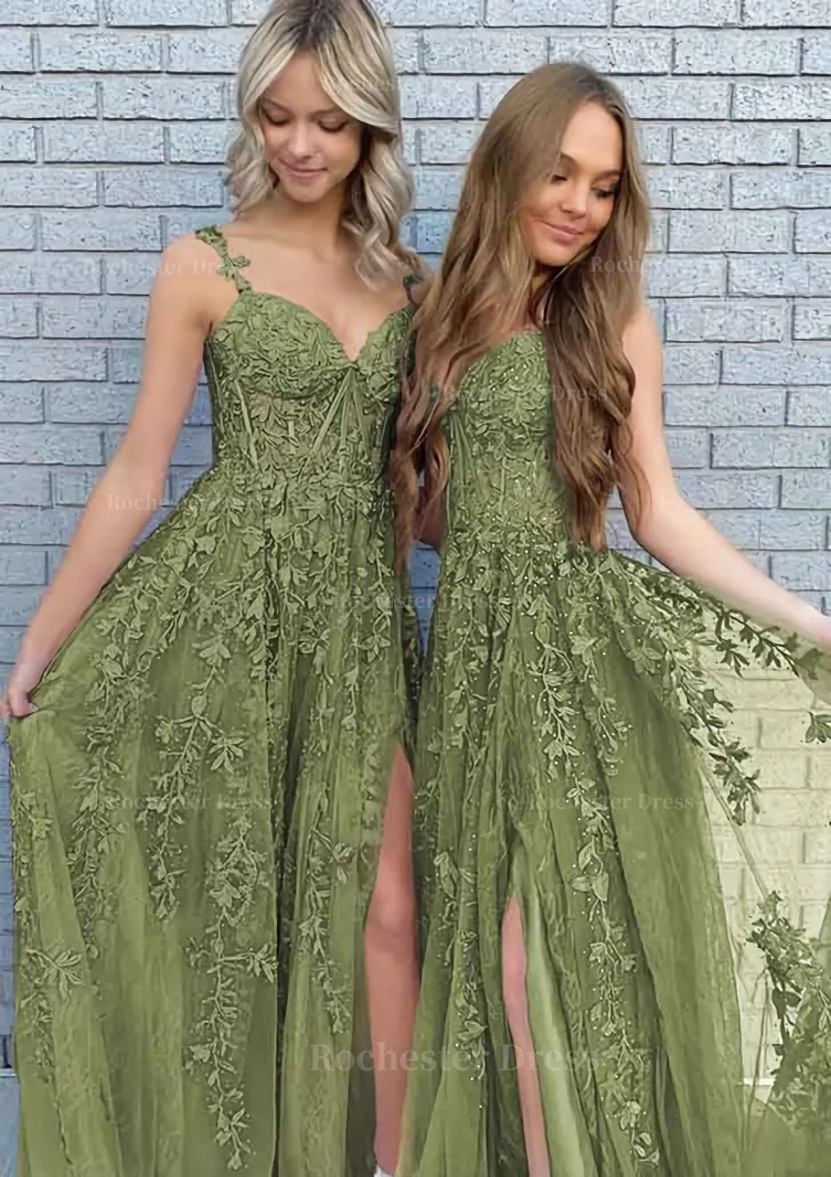 A-line V Neck Spaghetti Straps Long/Floor-Length Lace Prom Dress With Split