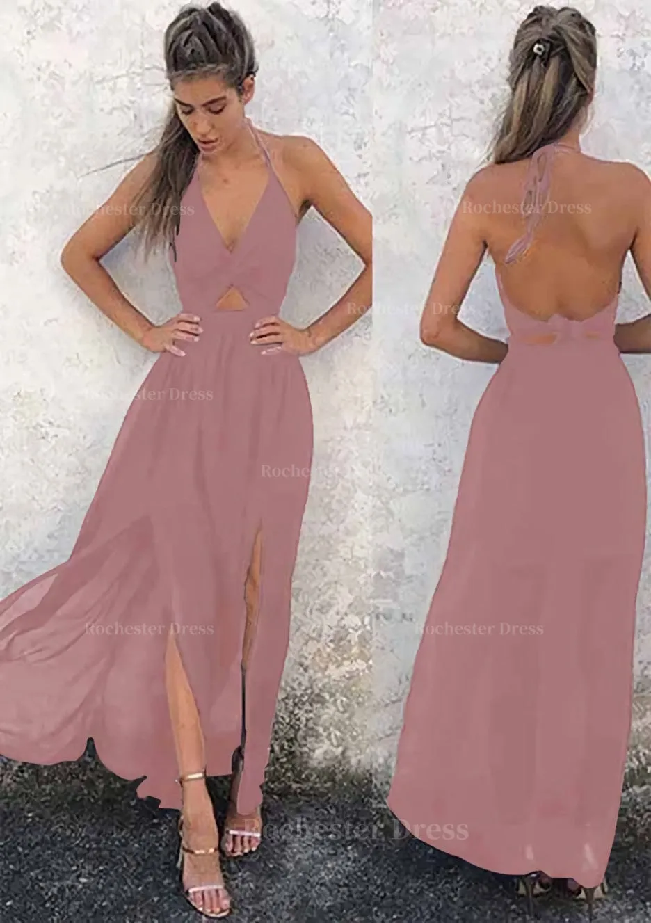 A-line/Princess Halter Sleeveless Ankle-Length Chiffon Prom Dress With Split