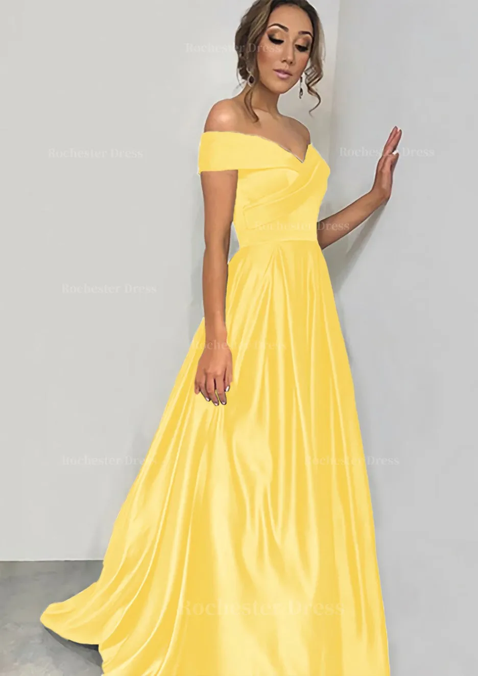 A-line/Princess Off-the-Shoulder Sleeveless Sweep Train Satin Prom Dress With Pleated
