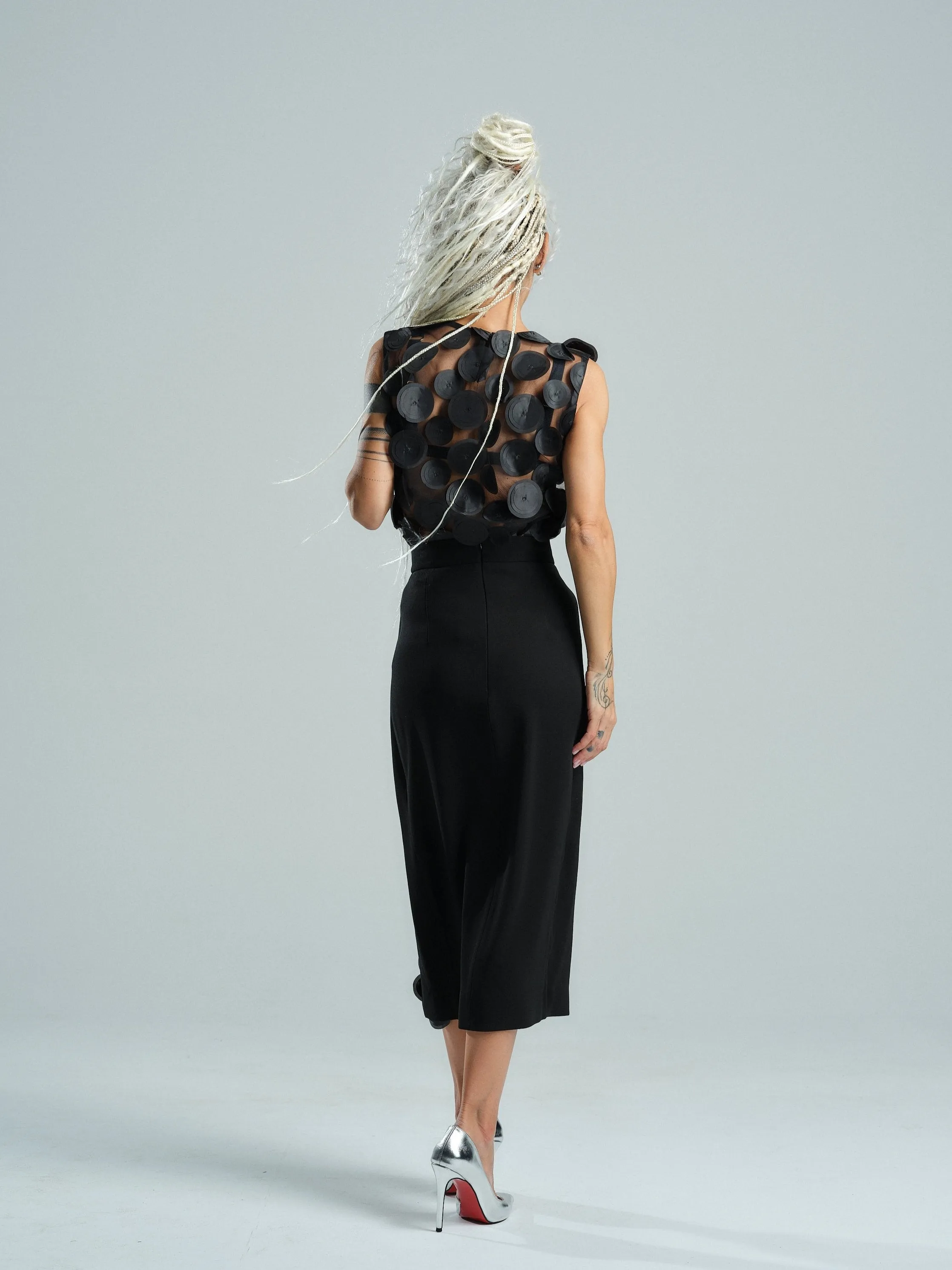 Appliqué-Detailed Mesh Top & Pencil Skirt Co-Ord Set
