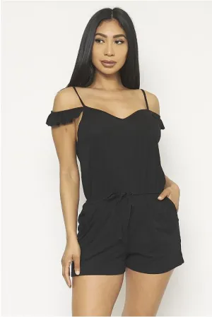 Black Cold Shoulder Ruffled Sleeve Romper
