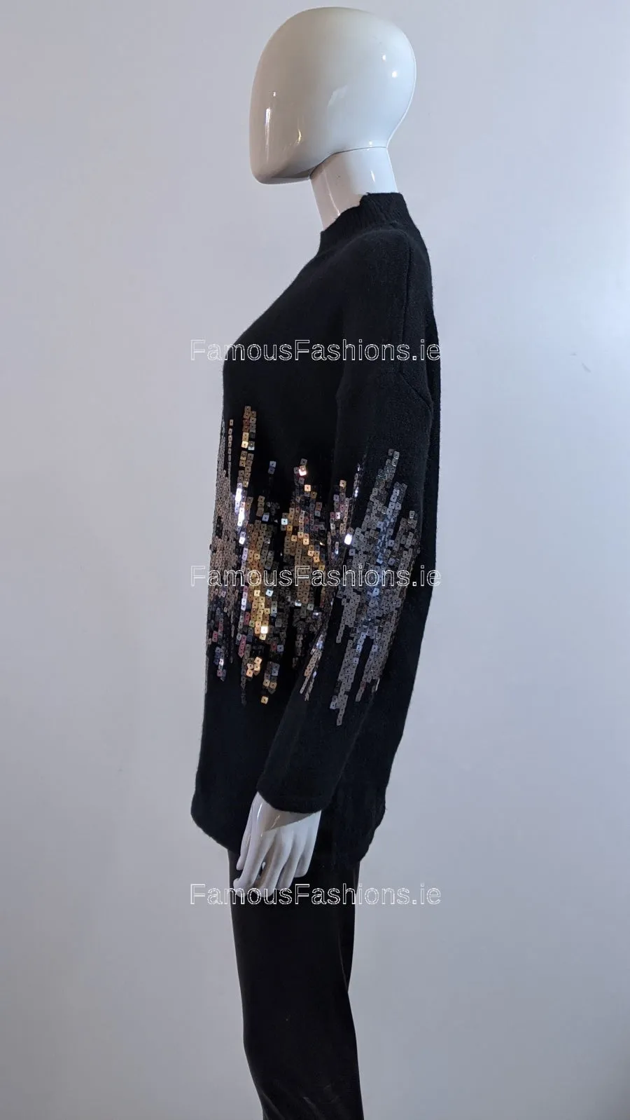 Black Oversized Sequin High Neck Jumper