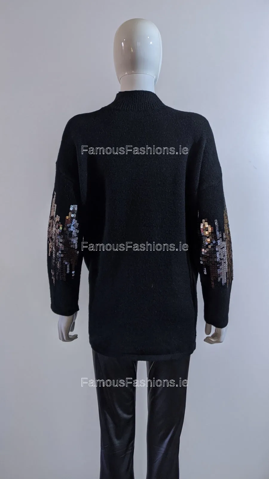 Black Oversized Sequin High Neck Jumper
