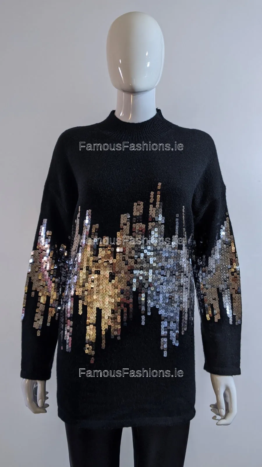 Black Oversized Sequin High Neck Jumper