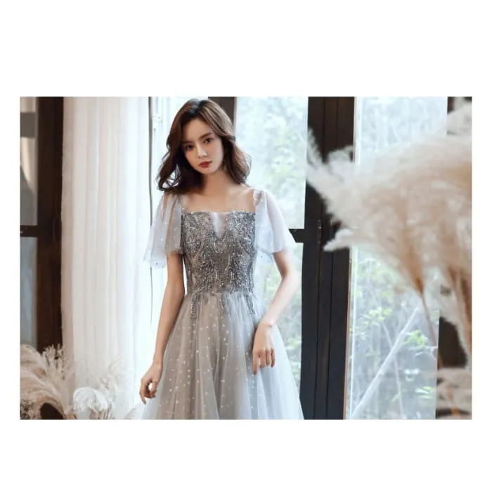 Cap-Sleeve Sequin Mesh Panel A-Line Evening Gown / Midi Dress