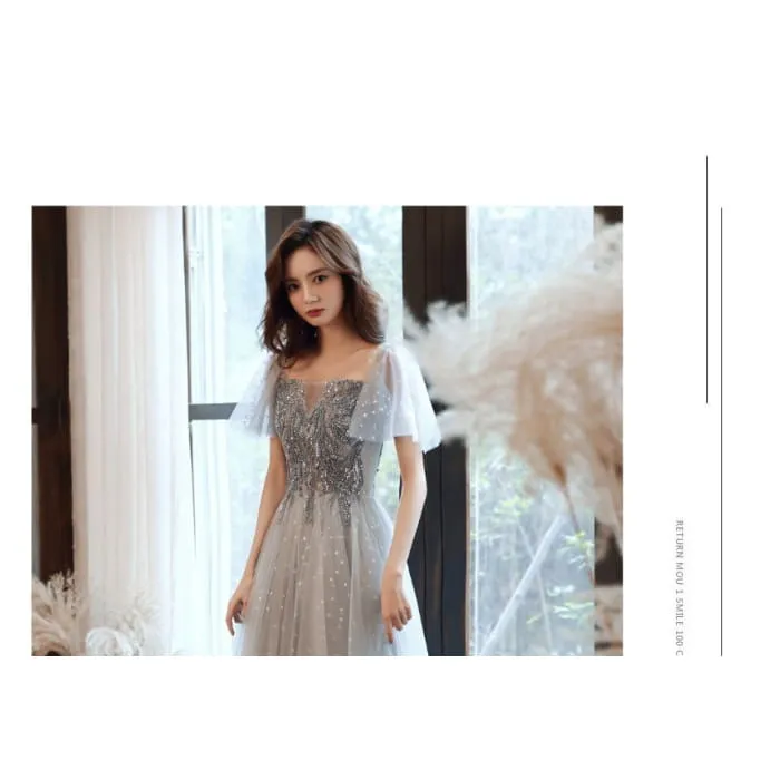 Cap-Sleeve Sequin Mesh Panel A-Line Evening Gown / Midi Dress