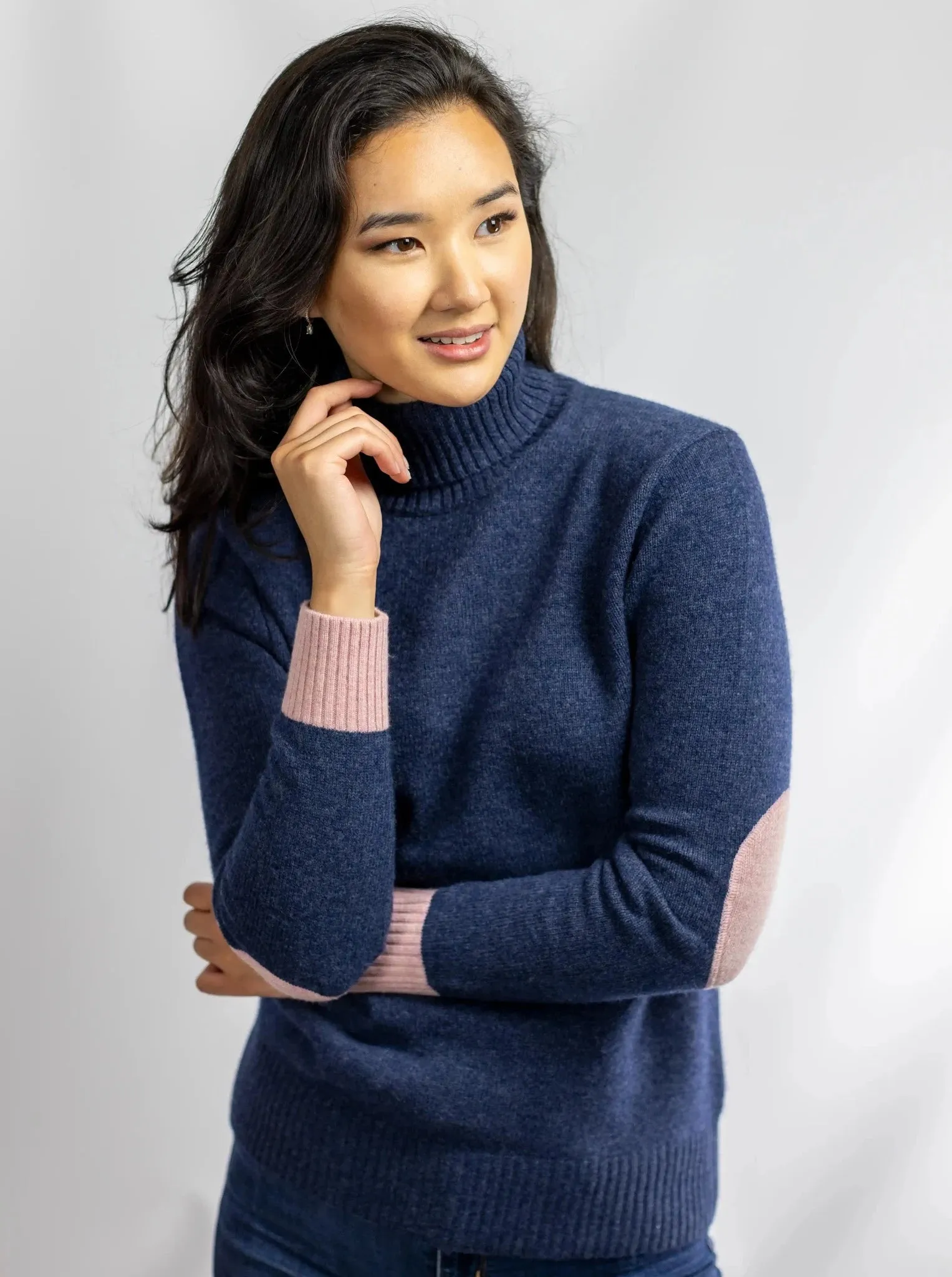 Cashmere and Merino Roll Neck Jumper | Aegean Blue with Pink