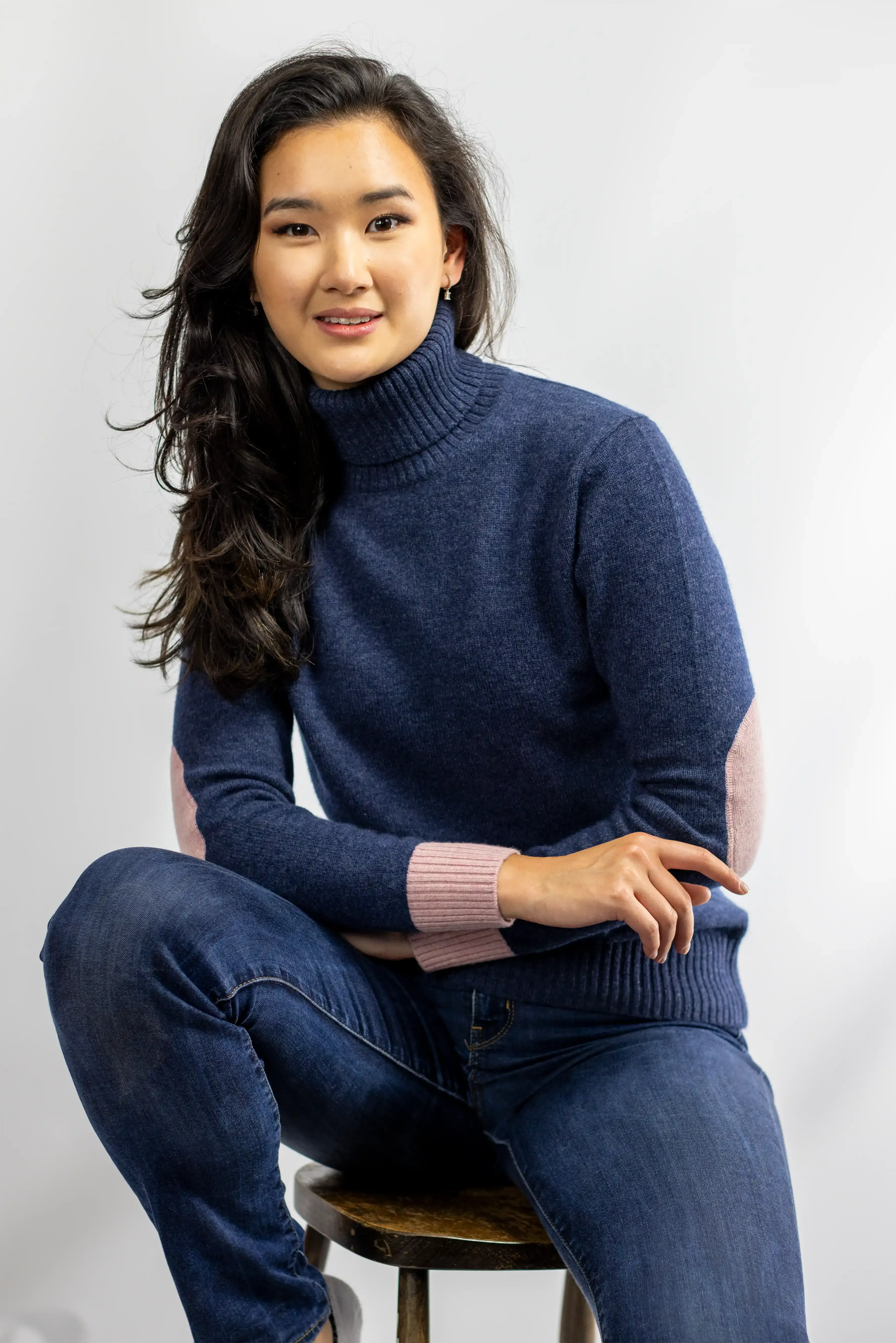 Cashmere and Merino Roll Neck Jumper | Aegean Blue with Pink