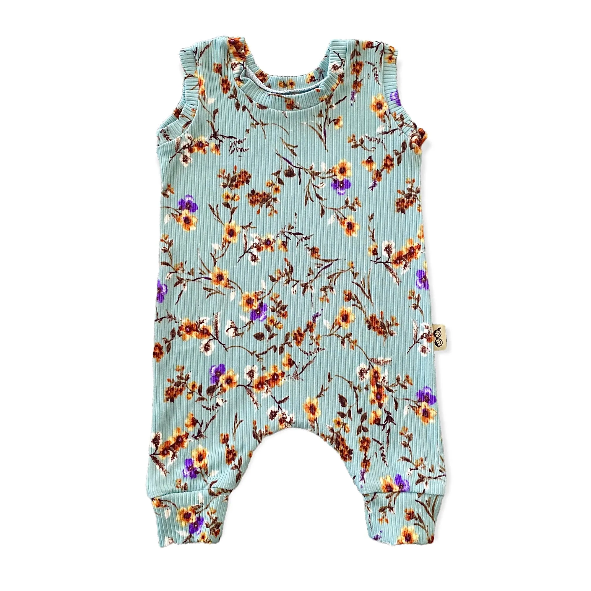 Dried Floral on Sage Ribbed Harem Romper