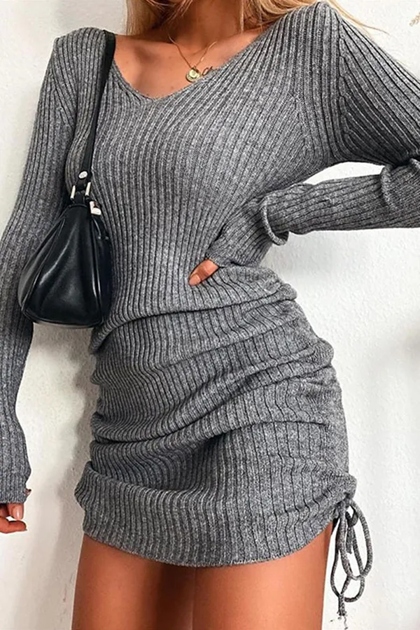 Fashion Elegant & Stylish Classic Solid Draw String Frenulum V Neck Pencil Skirt Dresses
