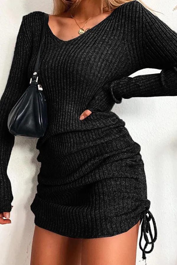Fashion Elegant & Stylish Classic Solid Draw String Frenulum V Neck Pencil Skirt Dresses
