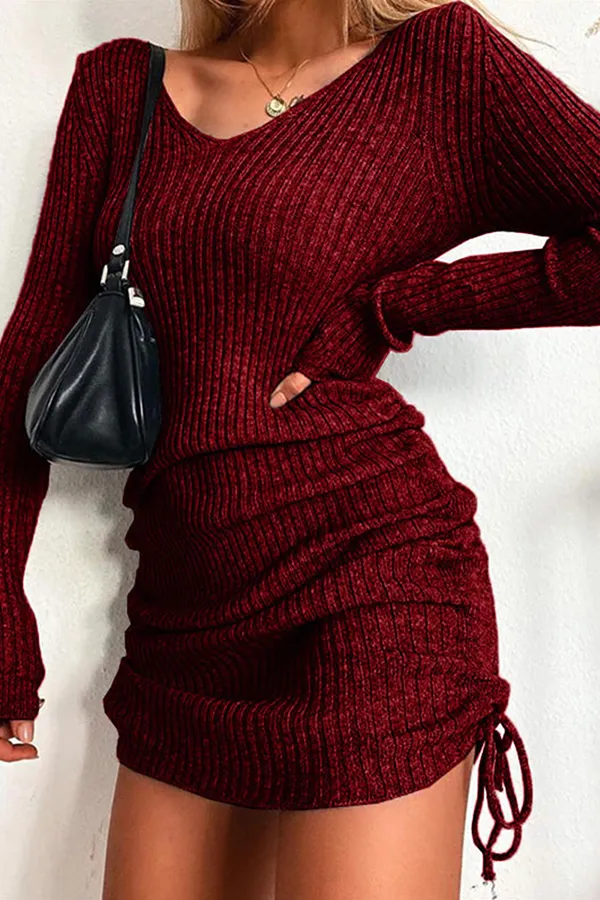 Fashion Elegant & Stylish Classic Solid Draw String Frenulum V Neck Pencil Skirt Dresses