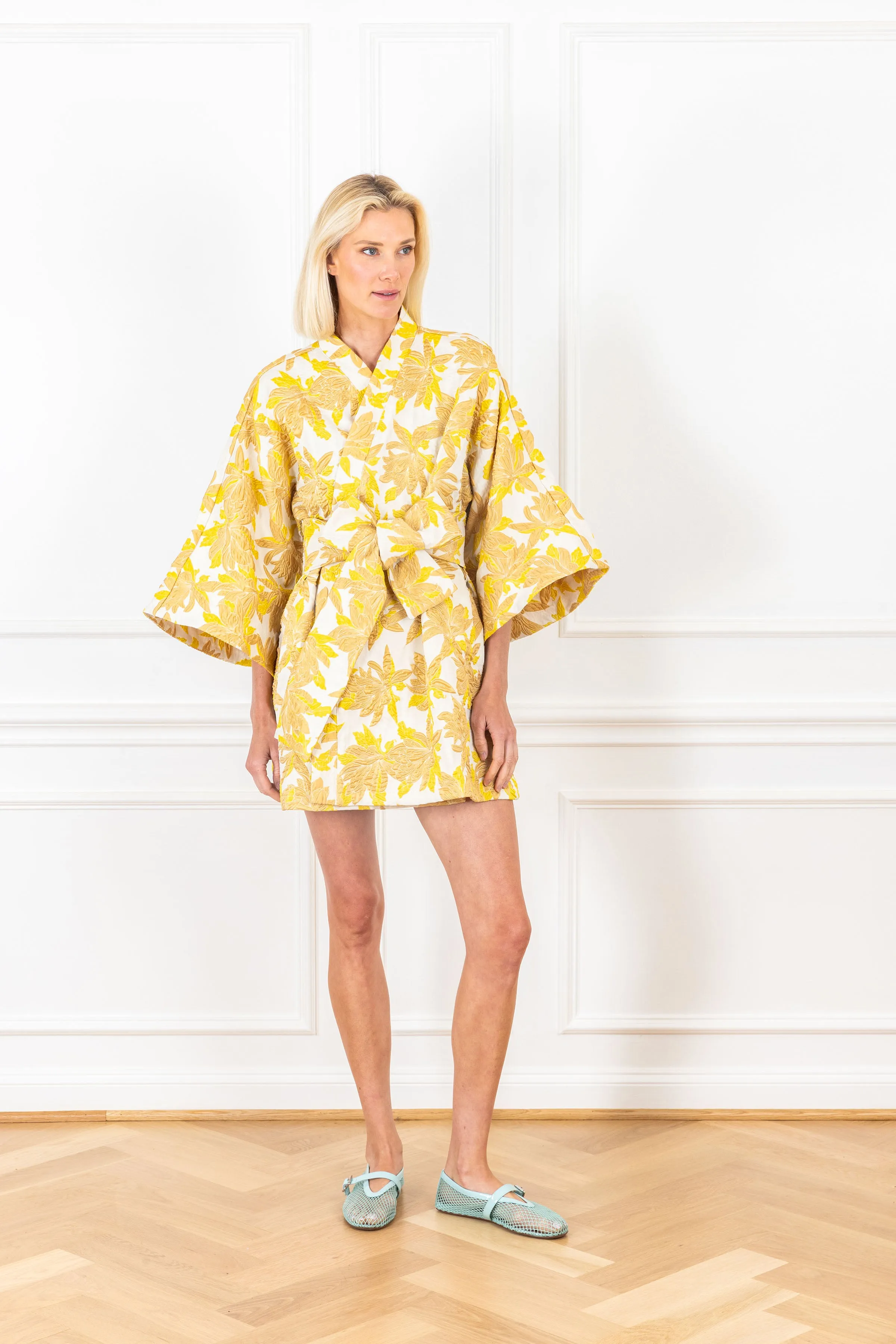 Golden Bamboo Jacquard Mini Wrap Dress