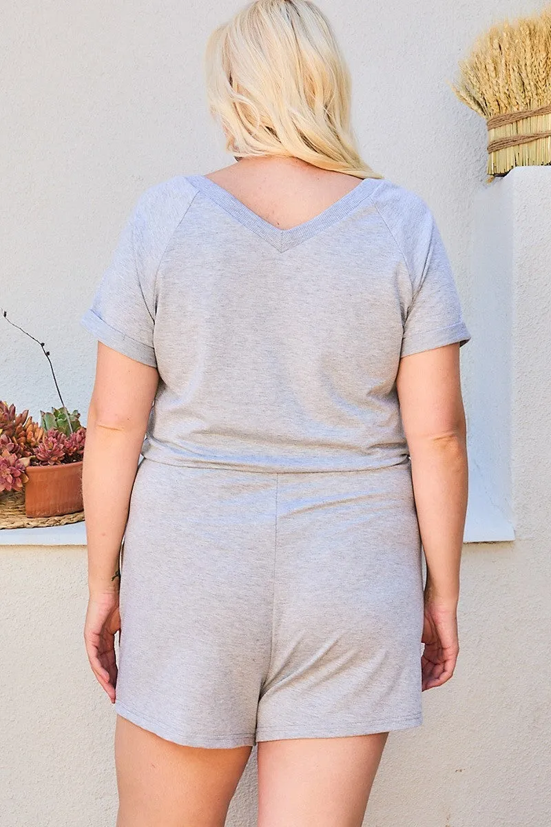 Heather Grey V Neck Short Sleeve Waist Elastic French Terry Women's Romper
