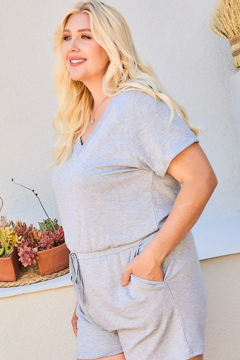 Heather Grey V Neck Short Sleeve Waist Elastic French Terry Women's Romper