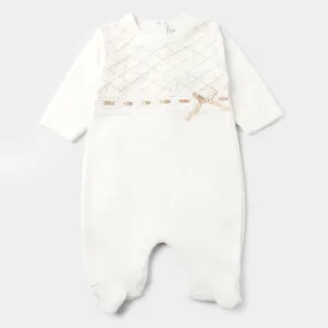 Infant Girls Velour Knitted Romper Ribbon Lace-White