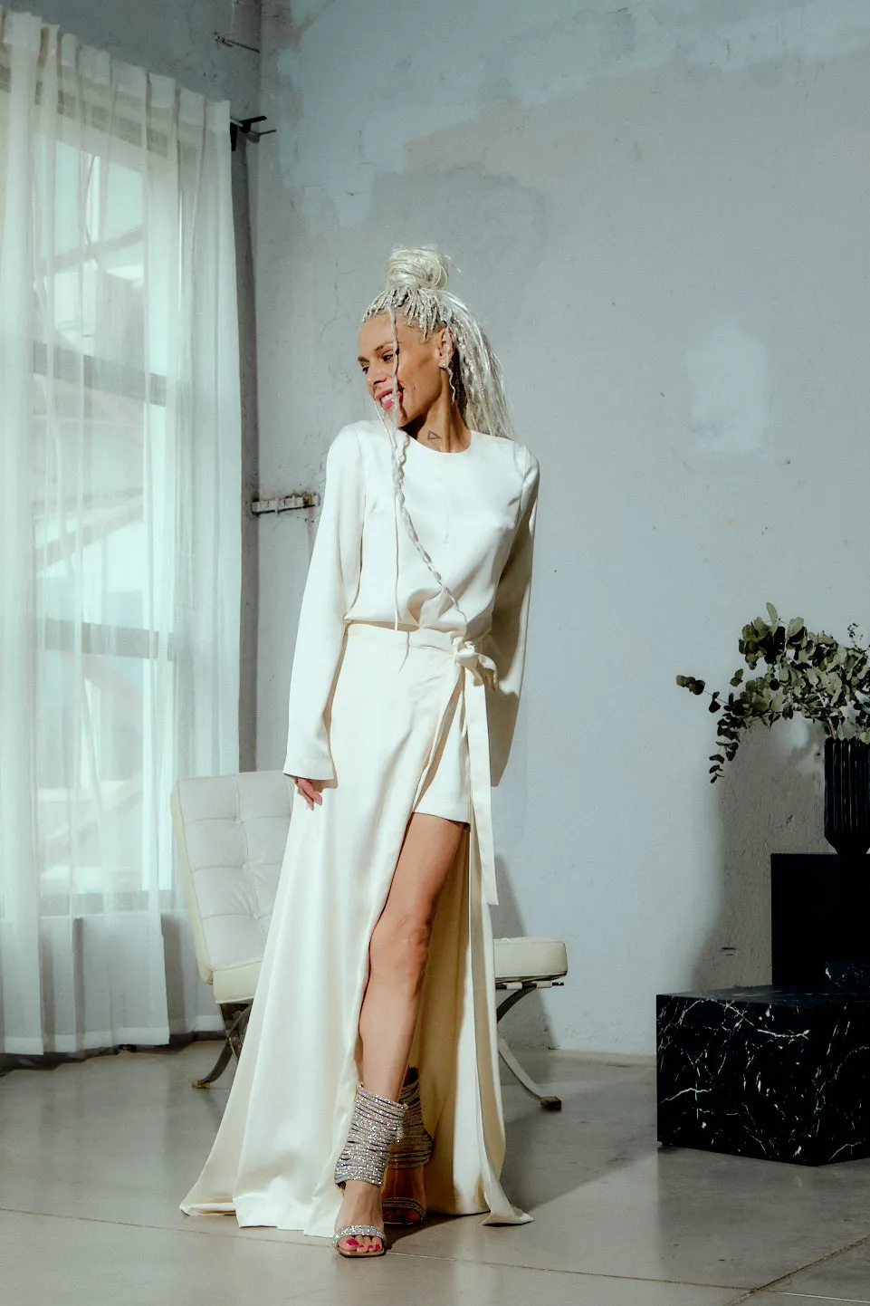 Ivory Satin Romper & Skirt Co-Ord Set
