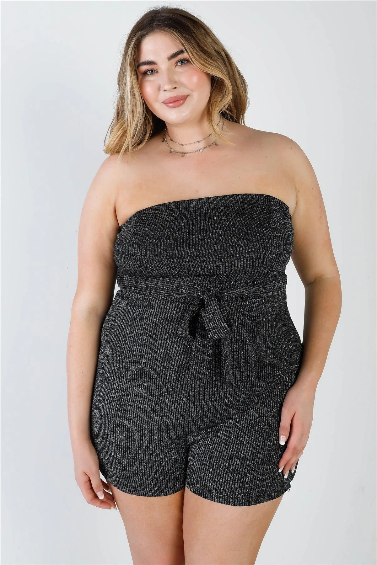 Junior Plus Black & Silver Lurex Ribbed Self-Tie Belted Sleeveless Romper /2-2-2