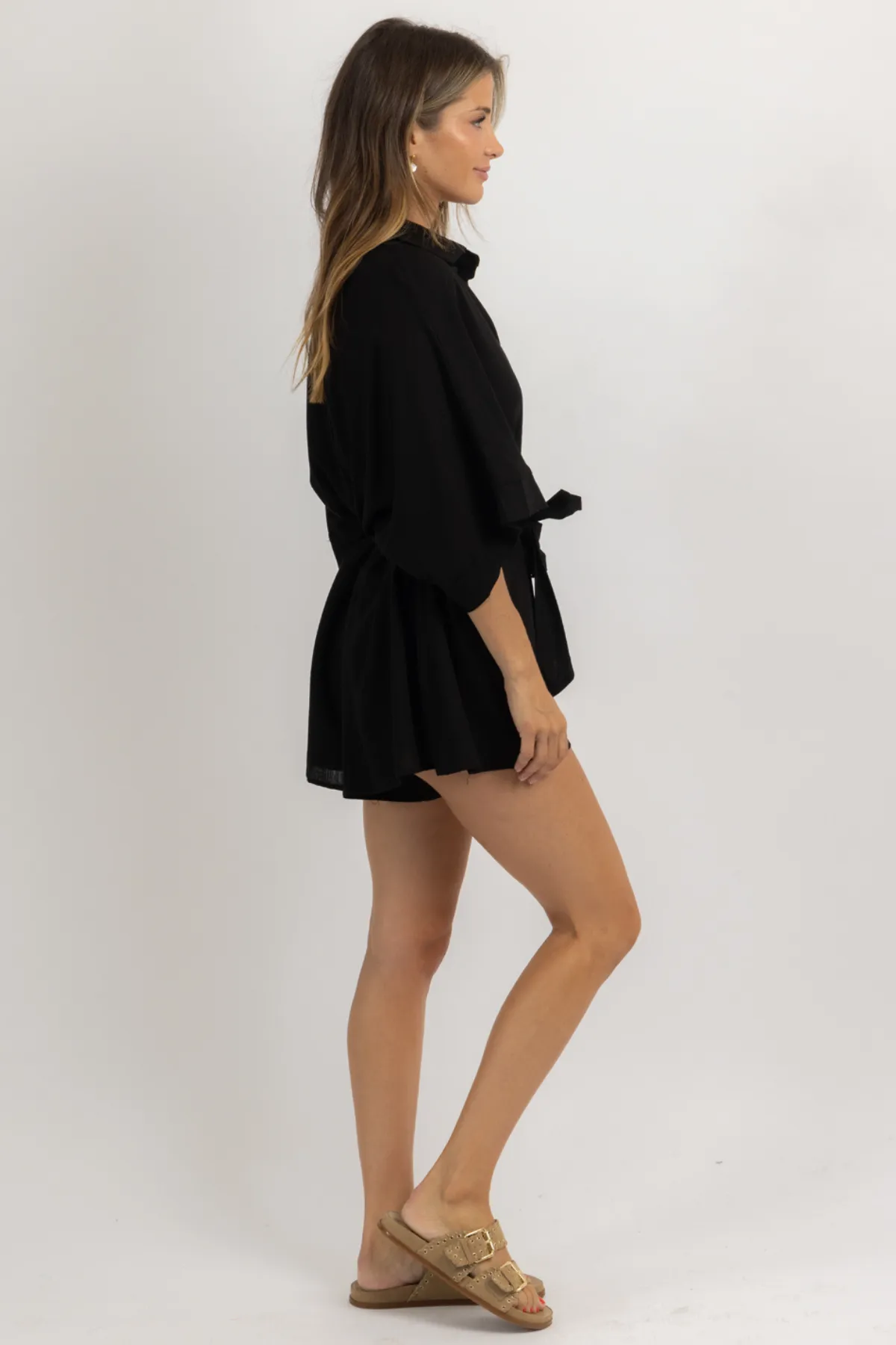 KEEPER BLACK LINEN ROMPER