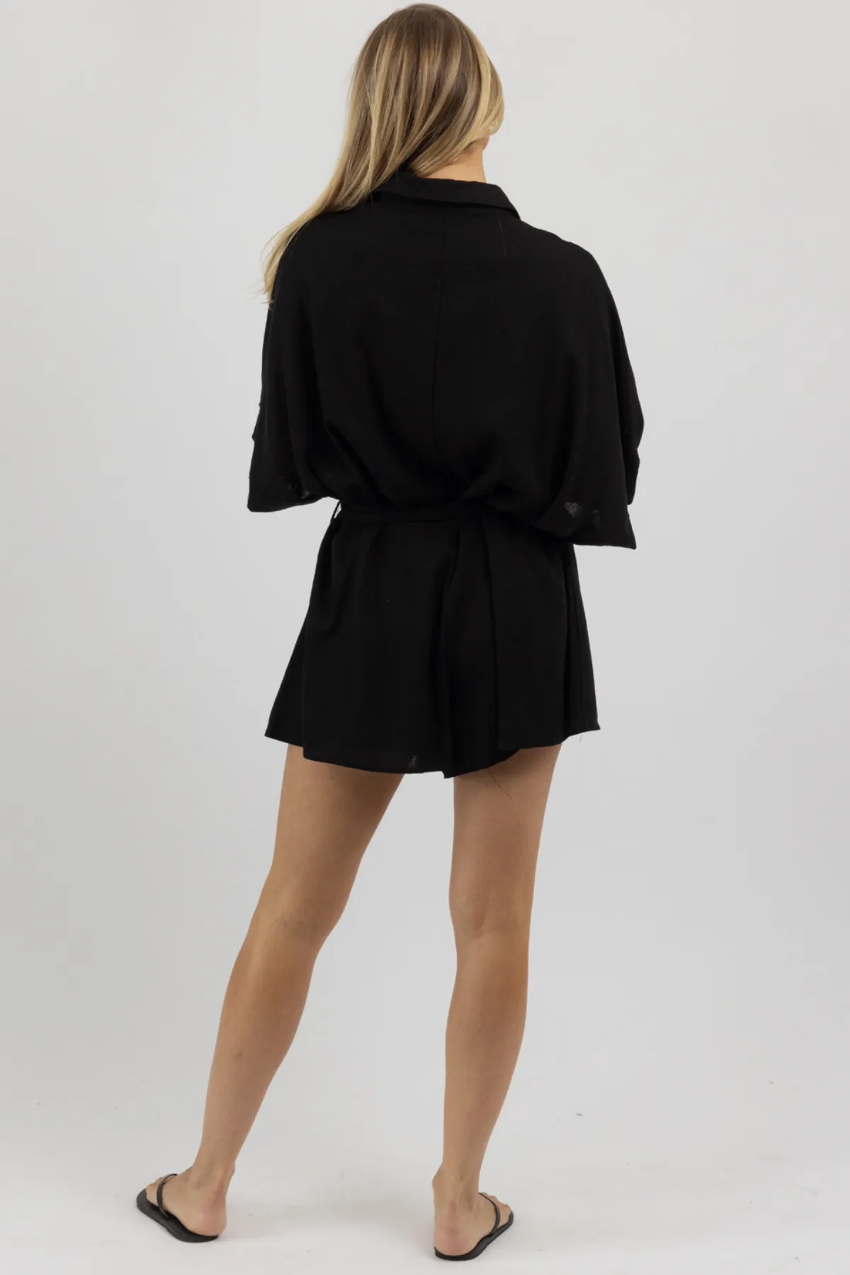KEEPER BLACK LINEN ROMPER