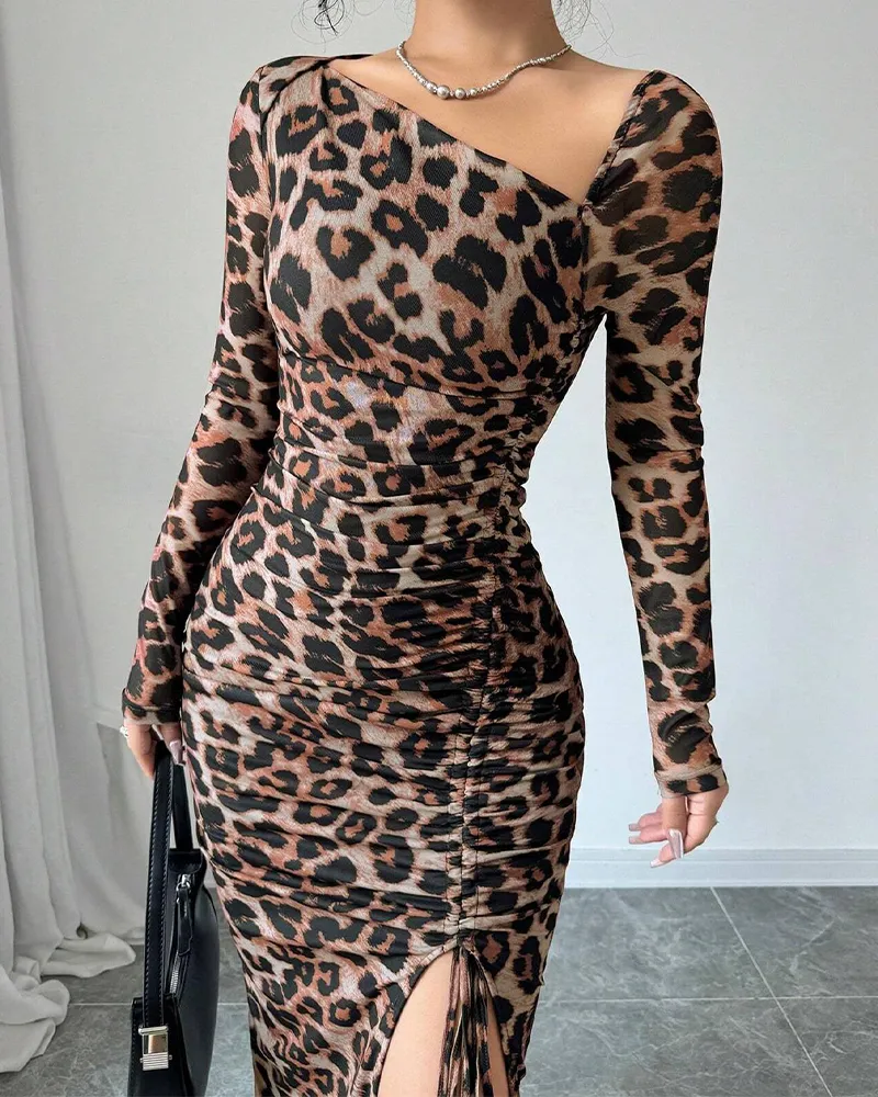 Long-Sleeved Slit Drawstring Slim Dress