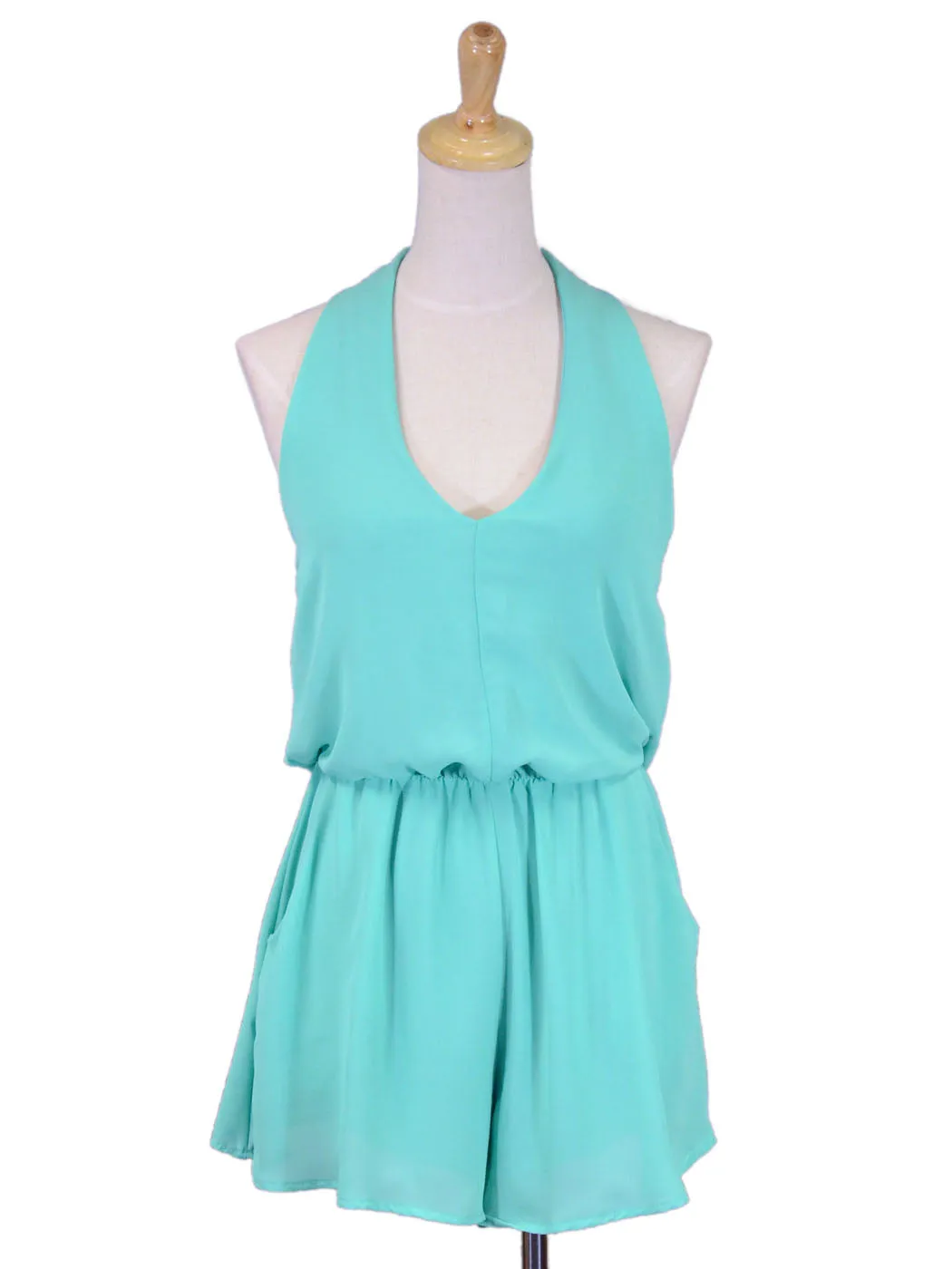 Lush Lightweight Simple Halter Chiffon Romper With Cinched Elastic Waistband