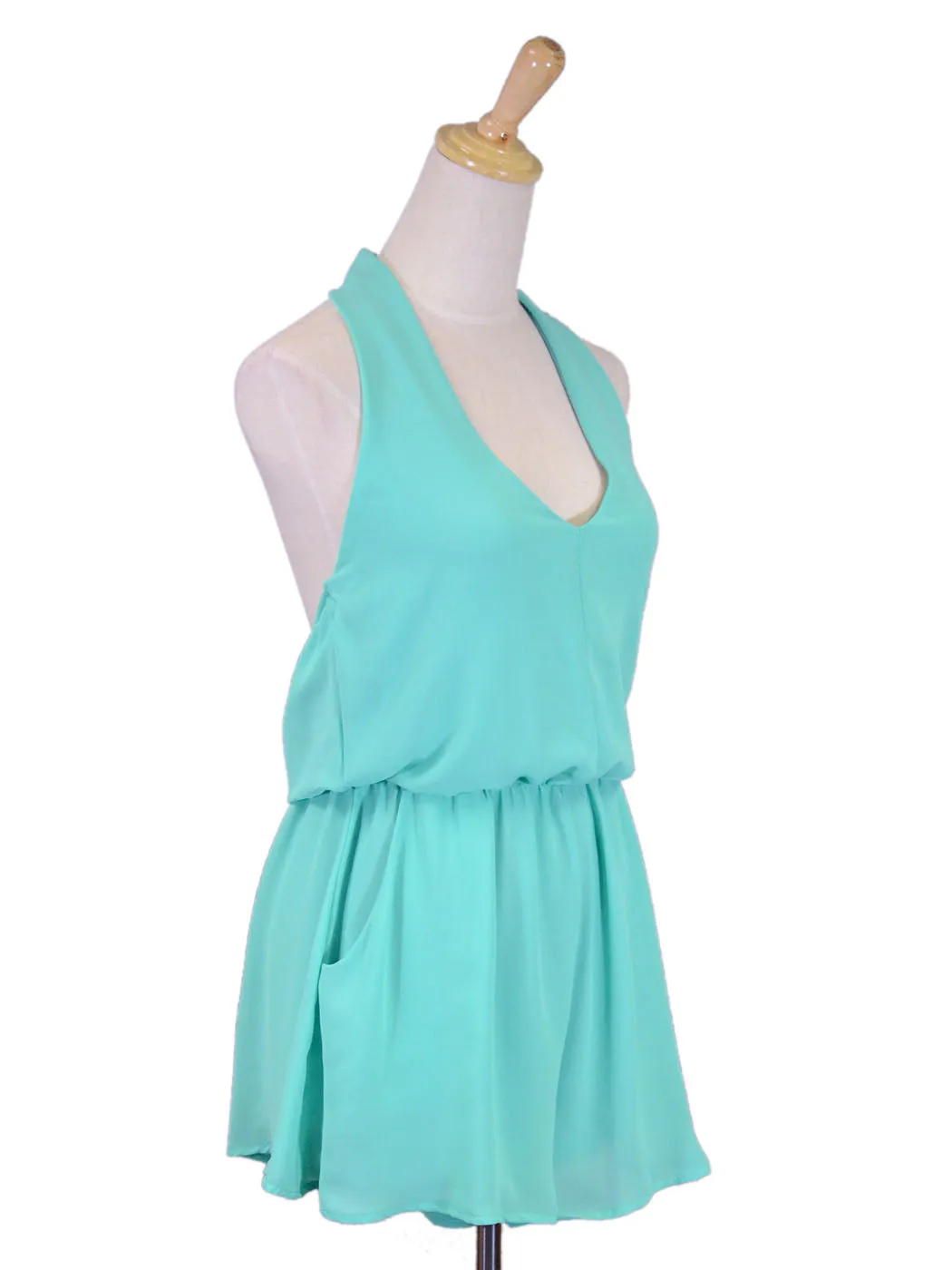 Lush Lightweight Simple Halter Chiffon Romper With Cinched Elastic Waistband