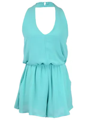 Lush Lightweight Simple Halter Chiffon Romper With Cinched Elastic Waistband