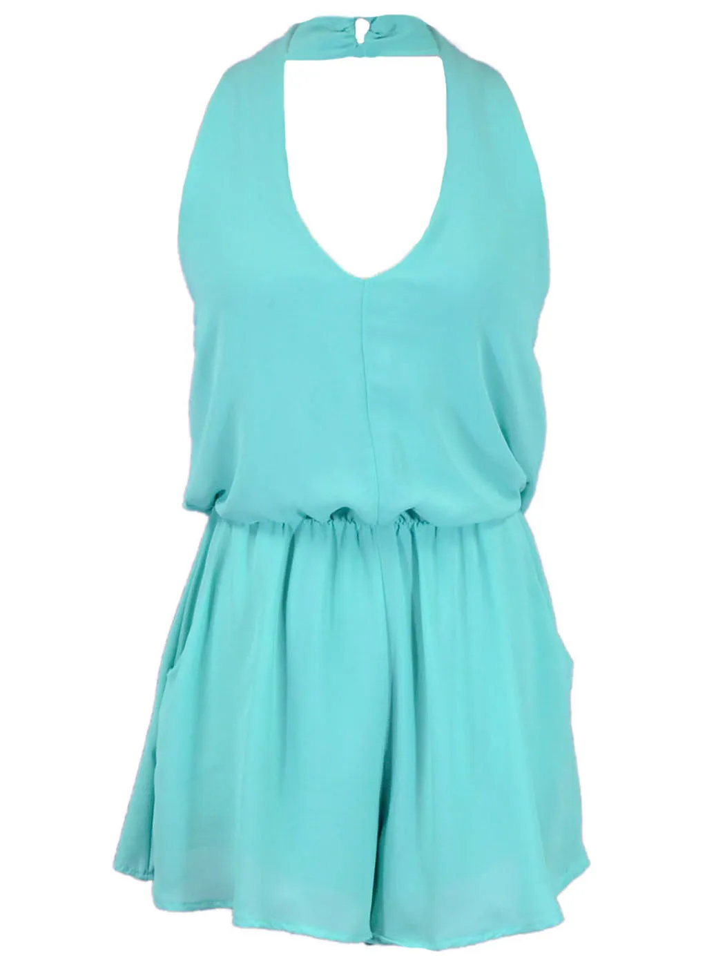 Lush Lightweight Simple Halter Chiffon Romper With Cinched Elastic Waistband