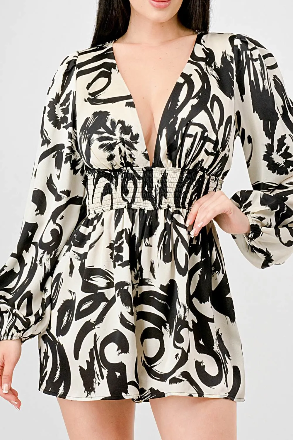 LUXE BOHO PRINT SATIN V NECK OPEN BACK ROMPER