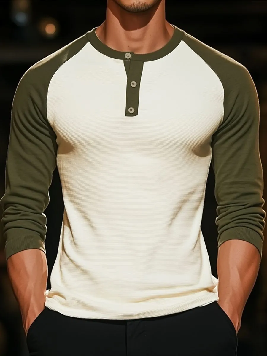 Men's Contrast Raglan Sleeve Henley Neck Long Sleeve T-Shirt