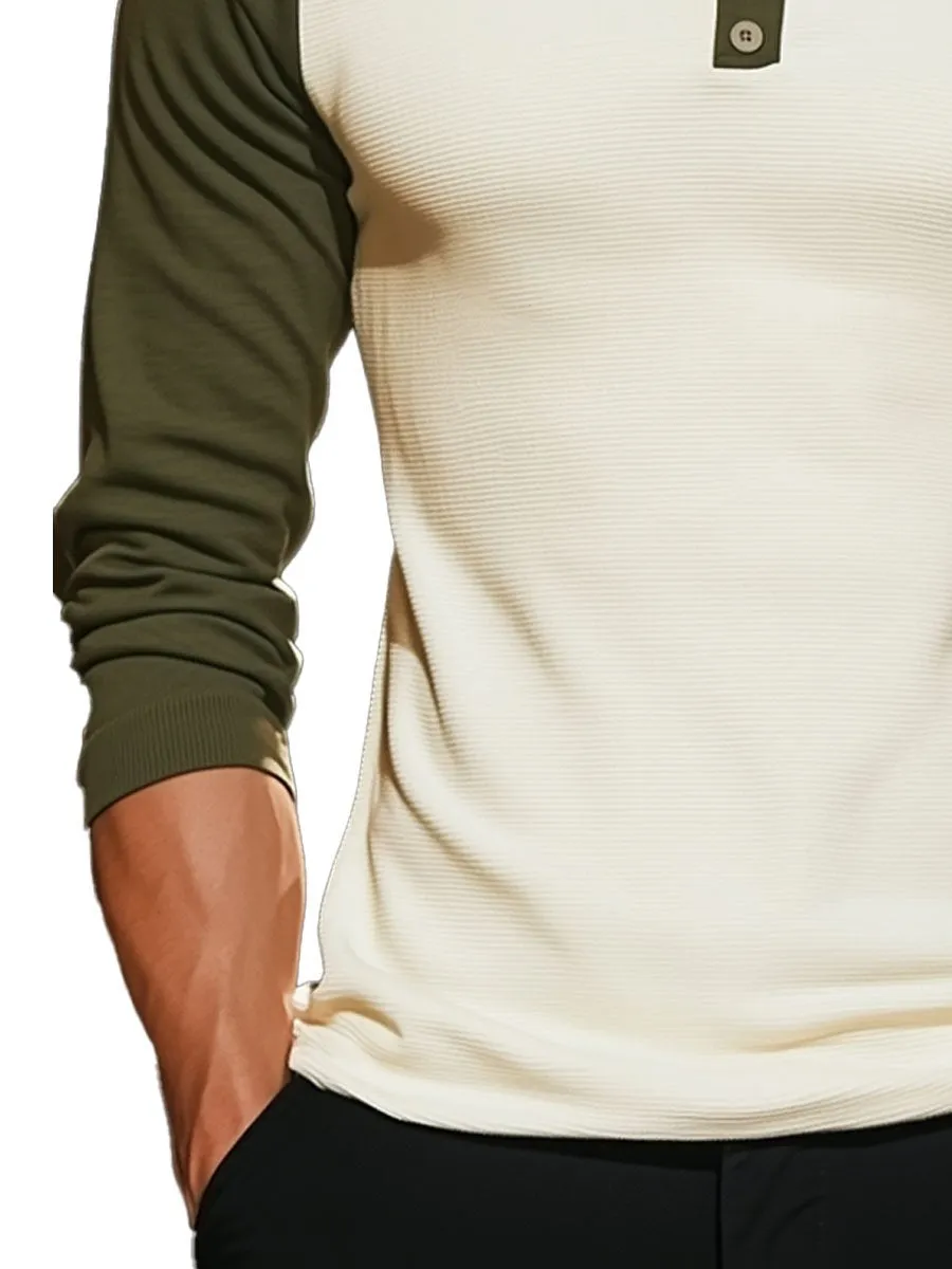 Men's Contrast Raglan Sleeve Henley Neck Long Sleeve T-Shirt