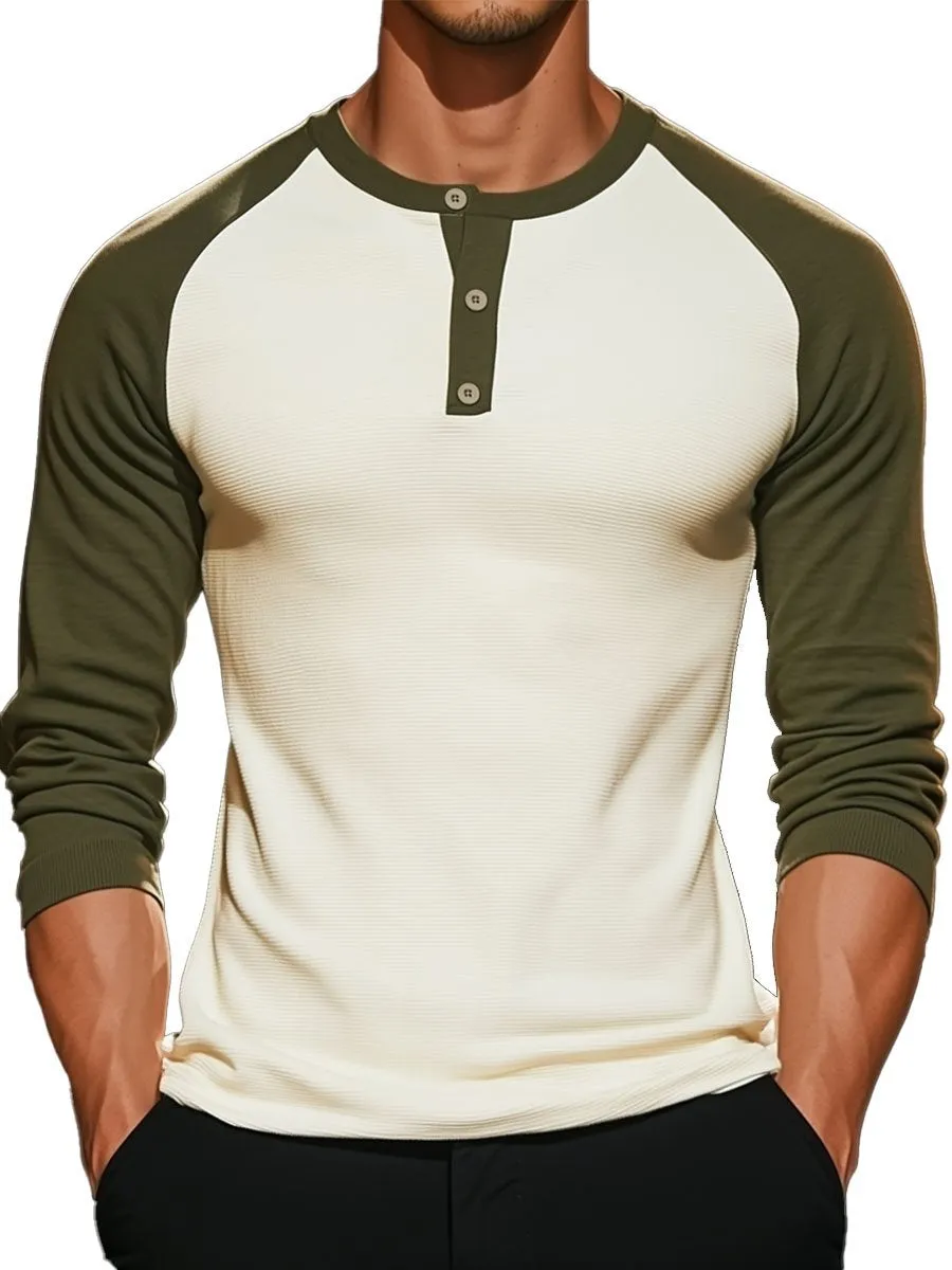 Men's Contrast Raglan Sleeve Henley Neck Long Sleeve T-Shirt