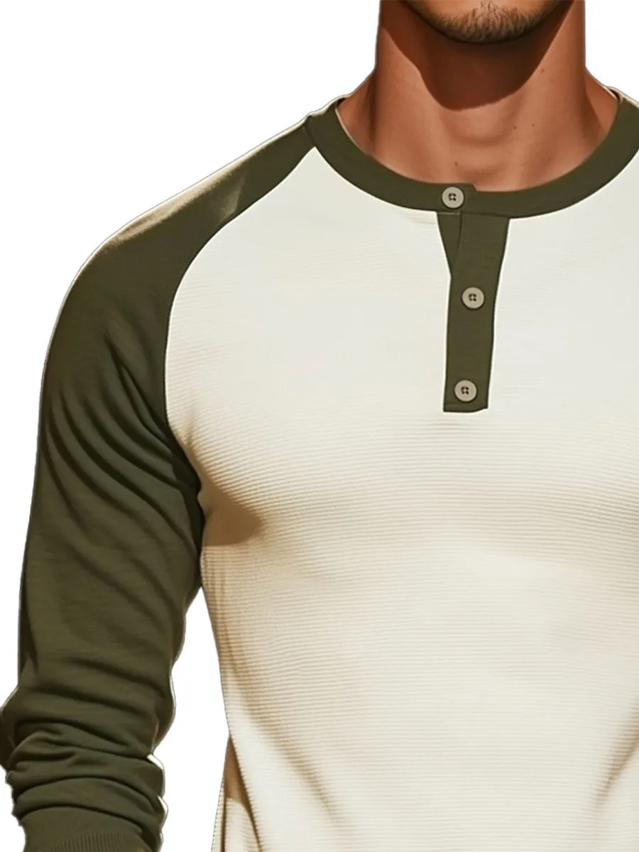Men's Contrast Raglan Sleeve Henley Neck Long Sleeve T-Shirt