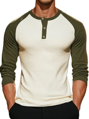 Men's Contrast Raglan Sleeve Henley Neck Long Sleeve T-Shirt
