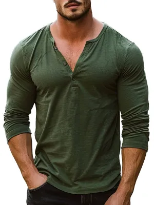 Men's Solid Color Casual Henley Neck Long Sleeve T-Shirt