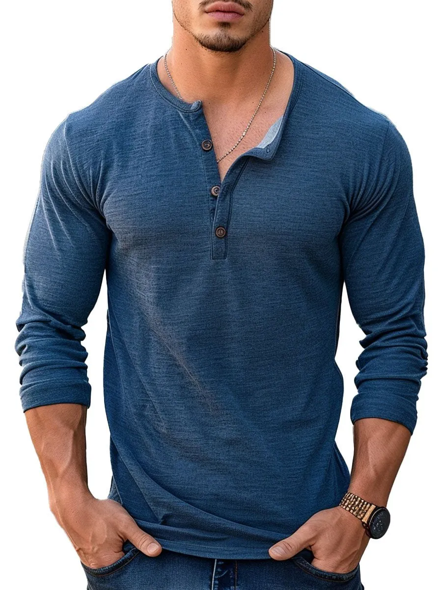 Men's Solid Color Versatile Casual Henley Collar Long Sleeve T-Shirt