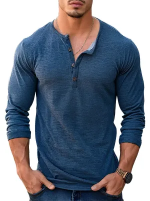 Men's Solid Color Versatile Casual Henley Collar Long Sleeve T-Shirt