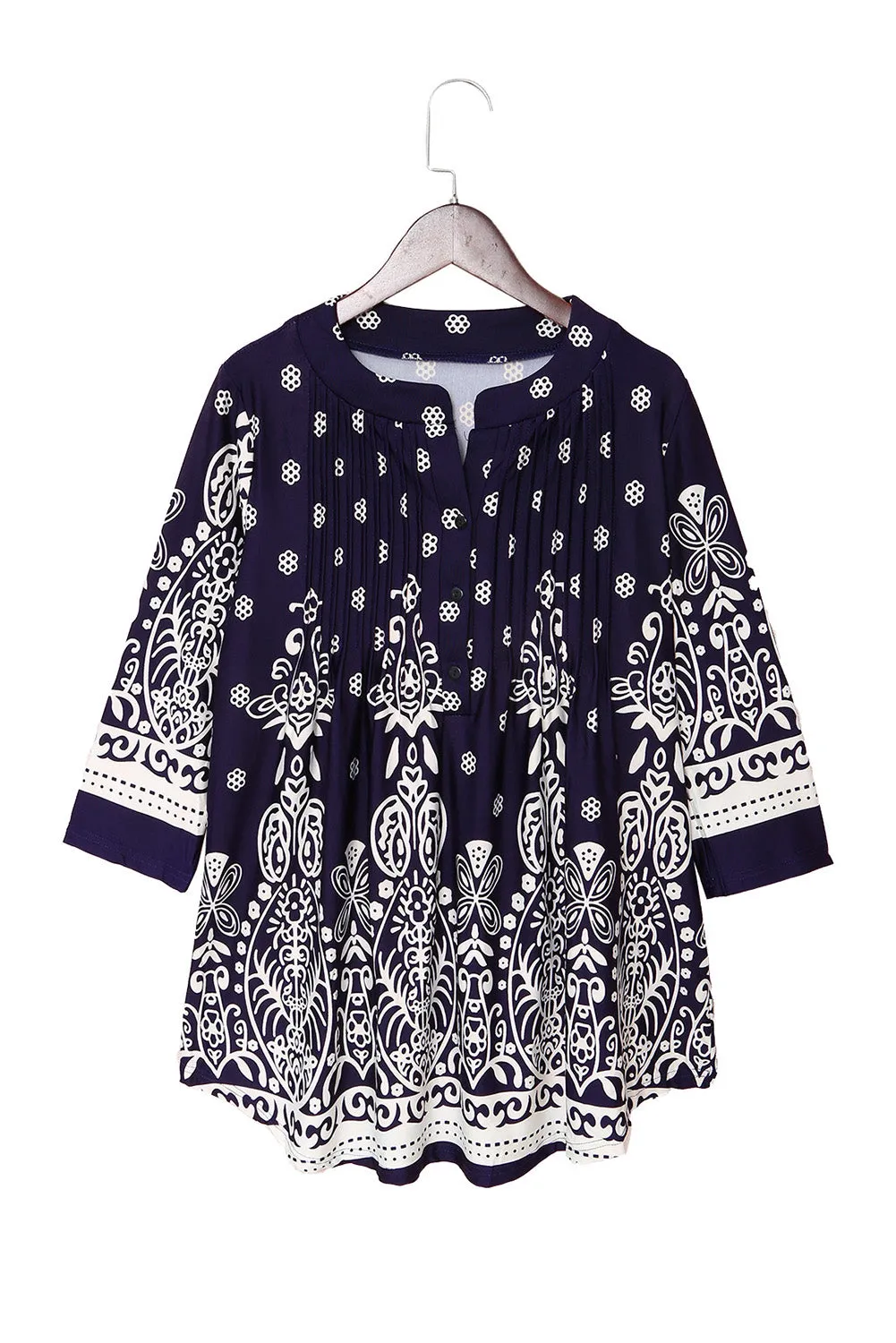 Navy Blue Floral Notch Neck Pin-tuck Tunic