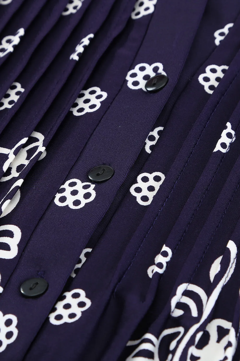 Navy Blue Floral Notch Neck Pin-tuck Tunic