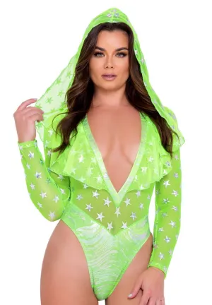 Neon Green Stars Print Hooded Romper