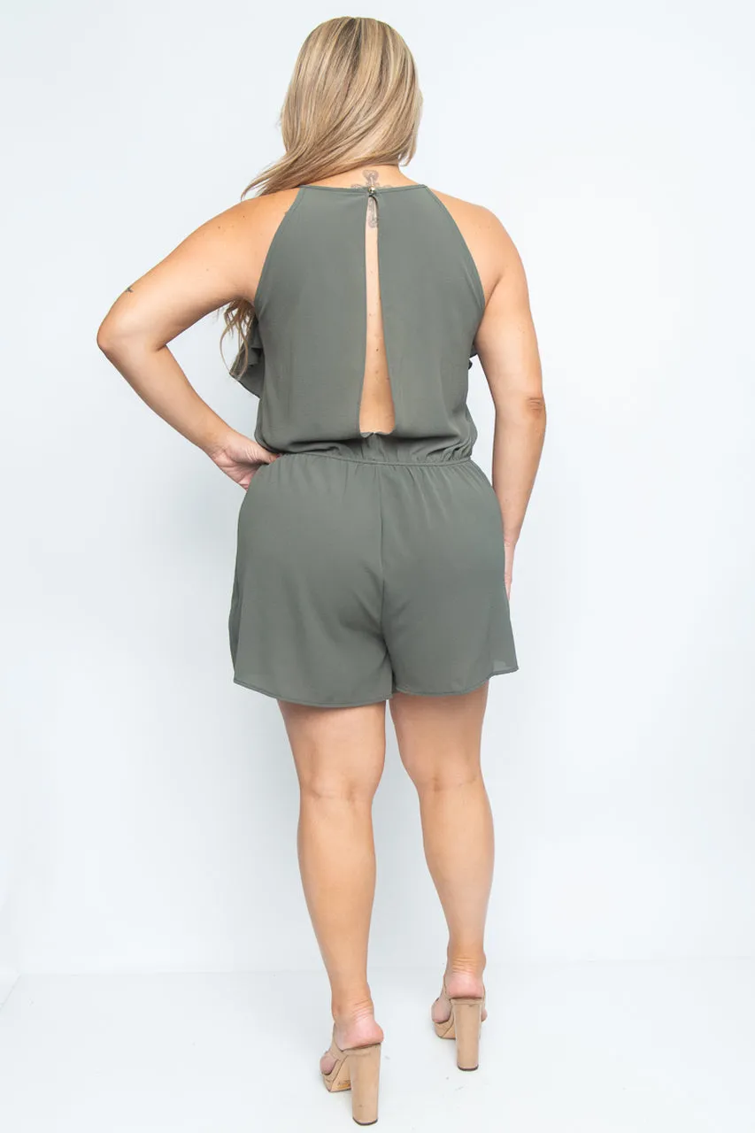 Olive Green Plus Size Romper with Necklace