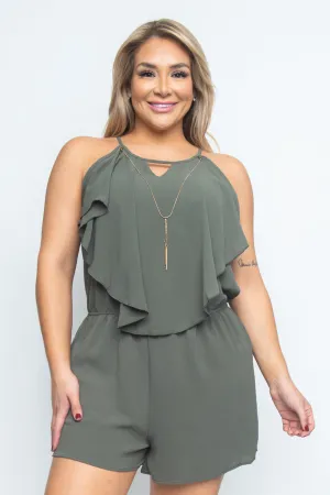 Olive Green Plus Size Romper with Necklace