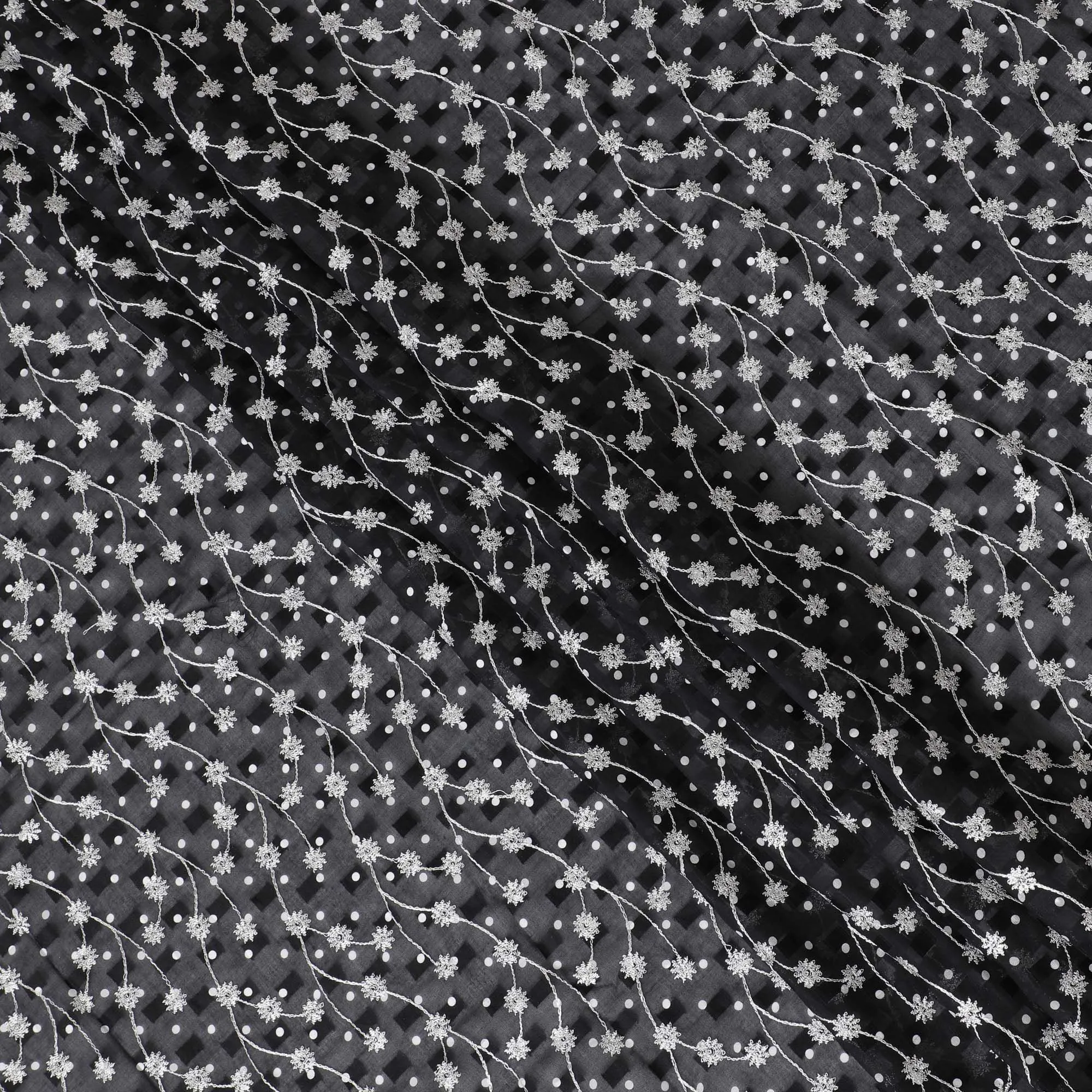 Onyx Night Cotton Voile with Silver Star Embroidery for Sudanese Thobe - 140cm x 4.5 Mtrs piece-D18600